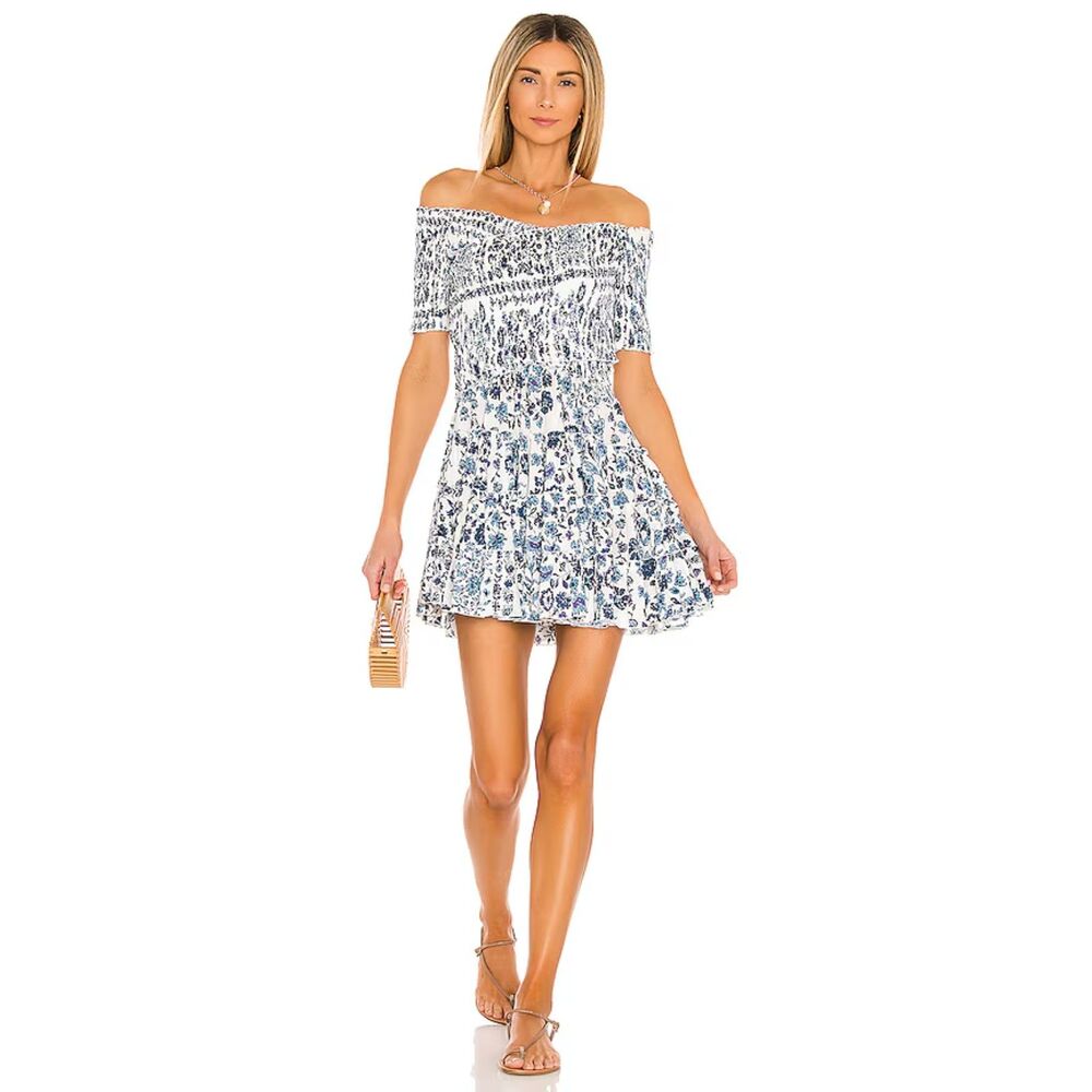 Poupette St Barth Soledad Off Shoulder Mini Dress White & Blue Foulard Sz Small